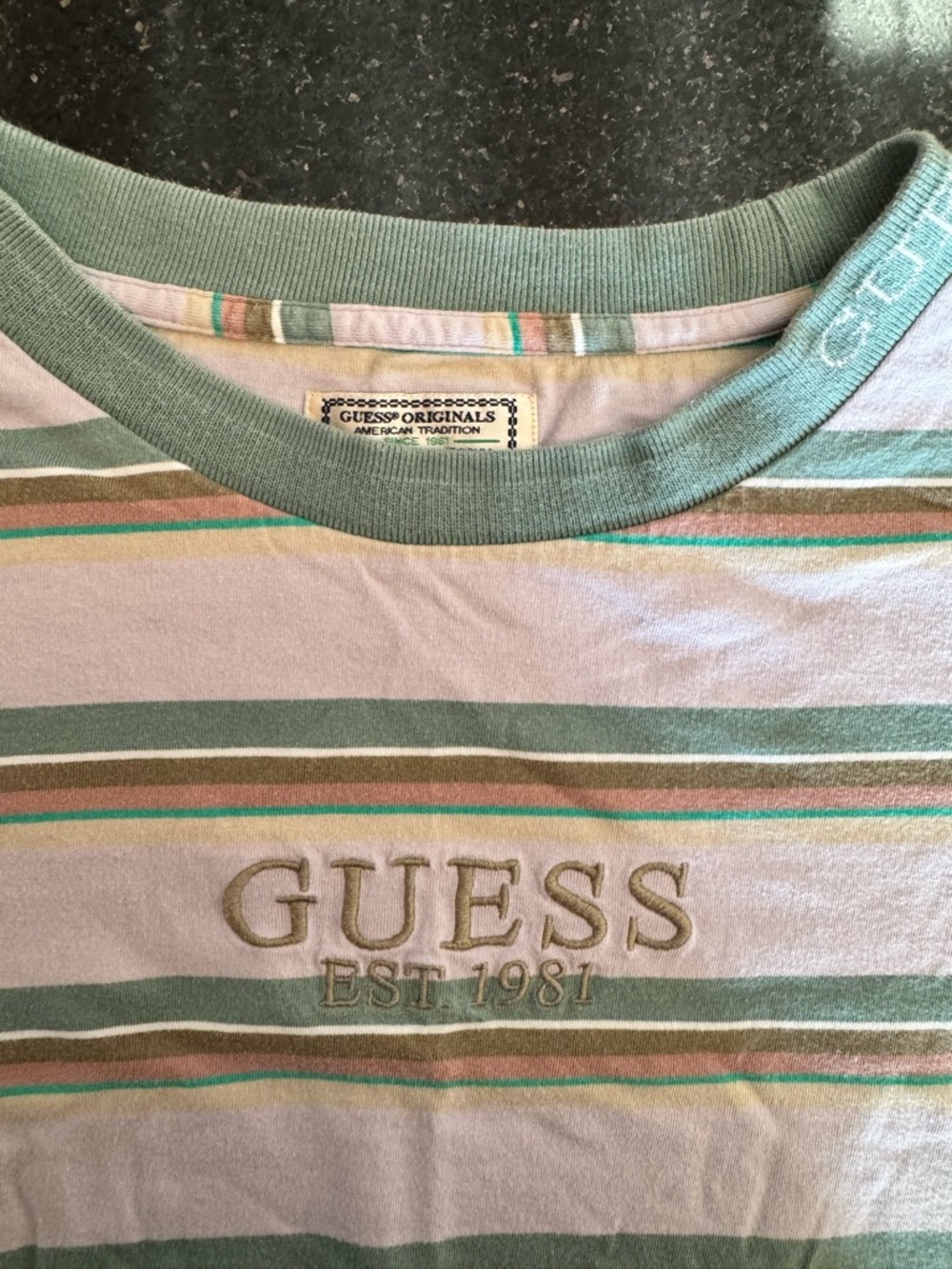 Vintage Guess Striped Tee in Sage, Cream and Lavender Accents. Size S (men’s)